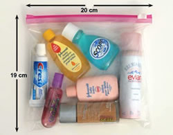 Image: The liquids, gels, and aerosols in quart-size and zip-top bag.